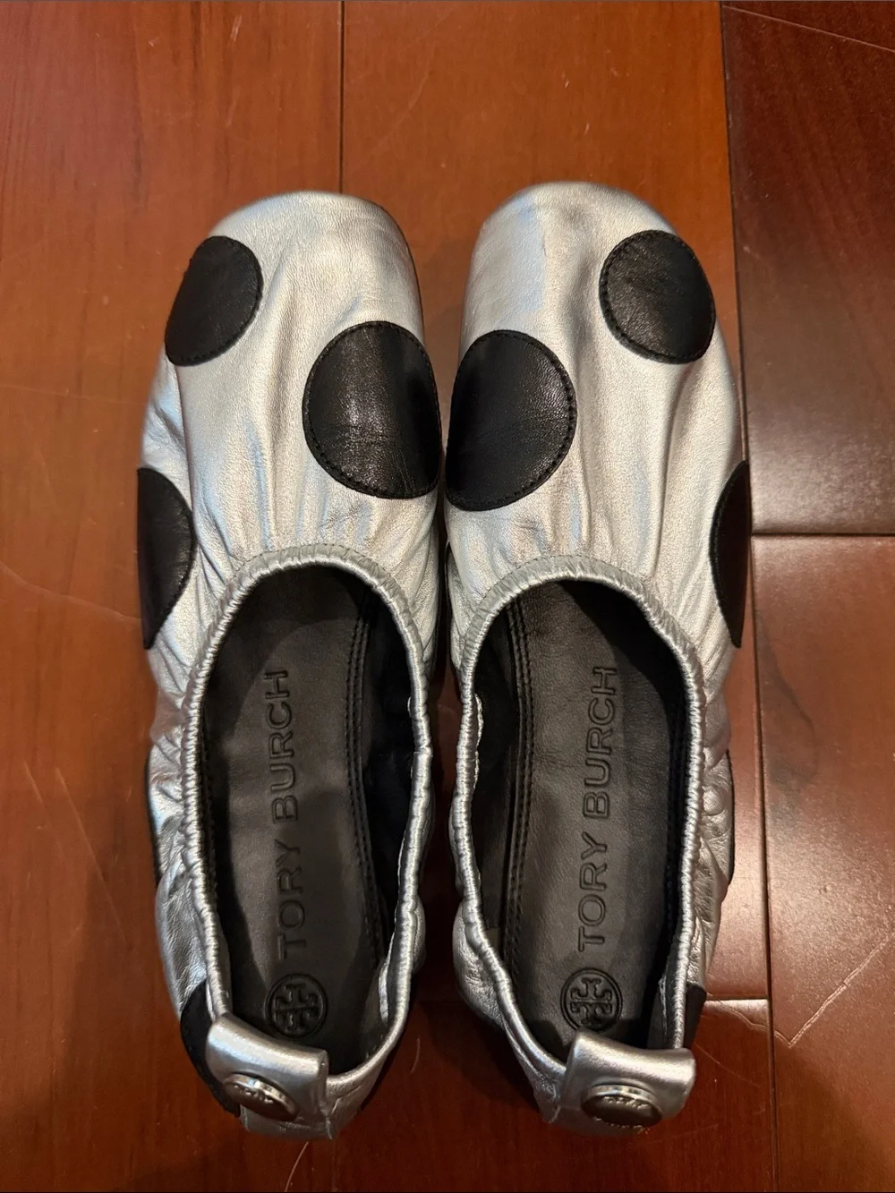 Tory Burch Silver Ballet Flats with Black Polka Dots